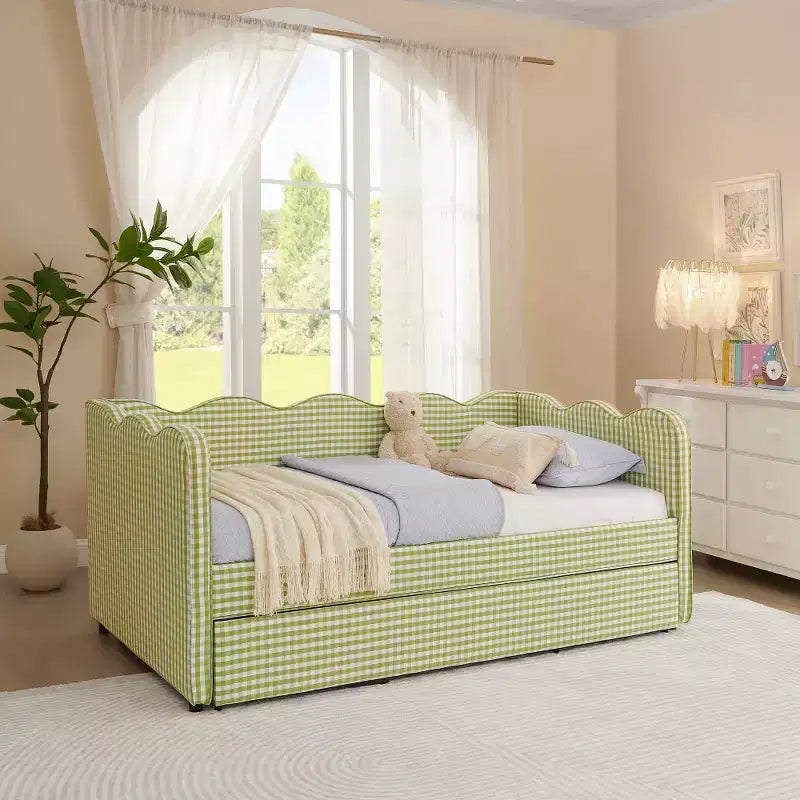 Divano Letto Singolo con Letto Estraibile, Testiera Ondulata e Porta USB Integrata, Rivestimento in Gingham