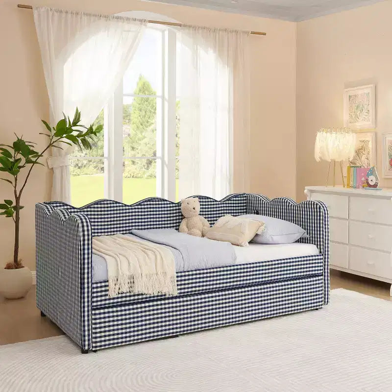 Divano Letto Singolo con Letto Estraibile, Testiera Ondulata e Porta USB Integrata, Rivestimento in Gingham