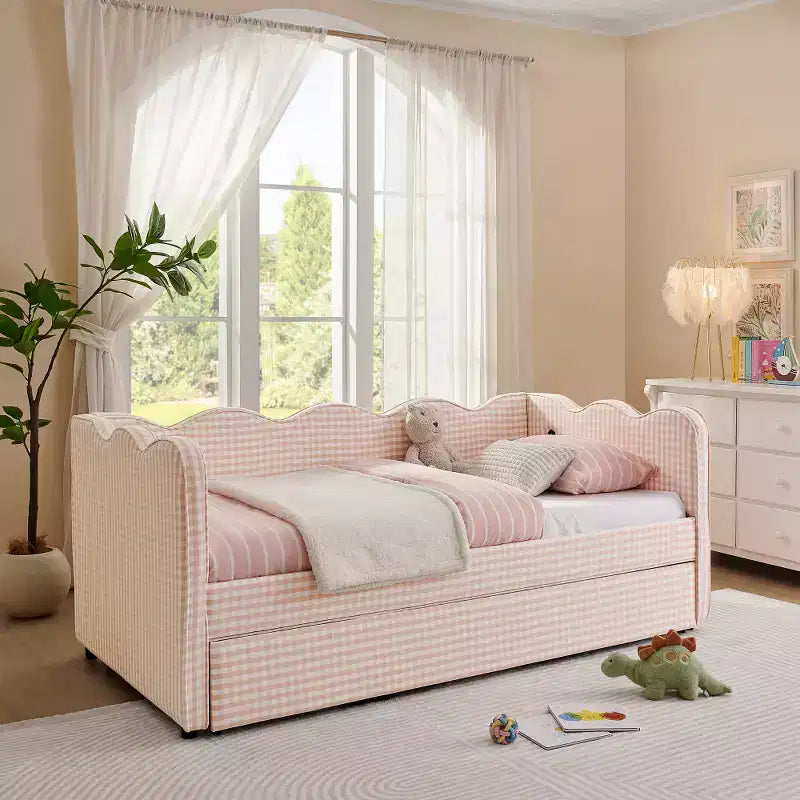 Divano Letto Singolo con Letto Estraibile, Testiera Ondulata e Porta USB Integrata, Rivestimento in Gingham