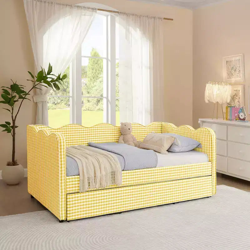 Divano Letto Singolo con Letto Estraibile, Testiera Ondulata e Porta USB Integrata, Rivestimento in Gingham