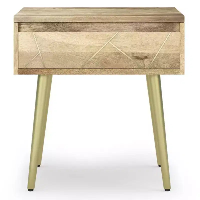 Tavolino quadrato da 56 cm in legno di mango con intarsi in ottone, cassetto con chiusura ammortizzata e gambe in metallo dorato