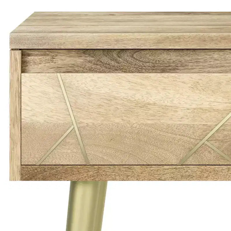 Tavolino quadrato da 56 cm in legno di mango con intarsi in ottone, cassetto con chiusura ammortizzata e gambe in metallo dorato