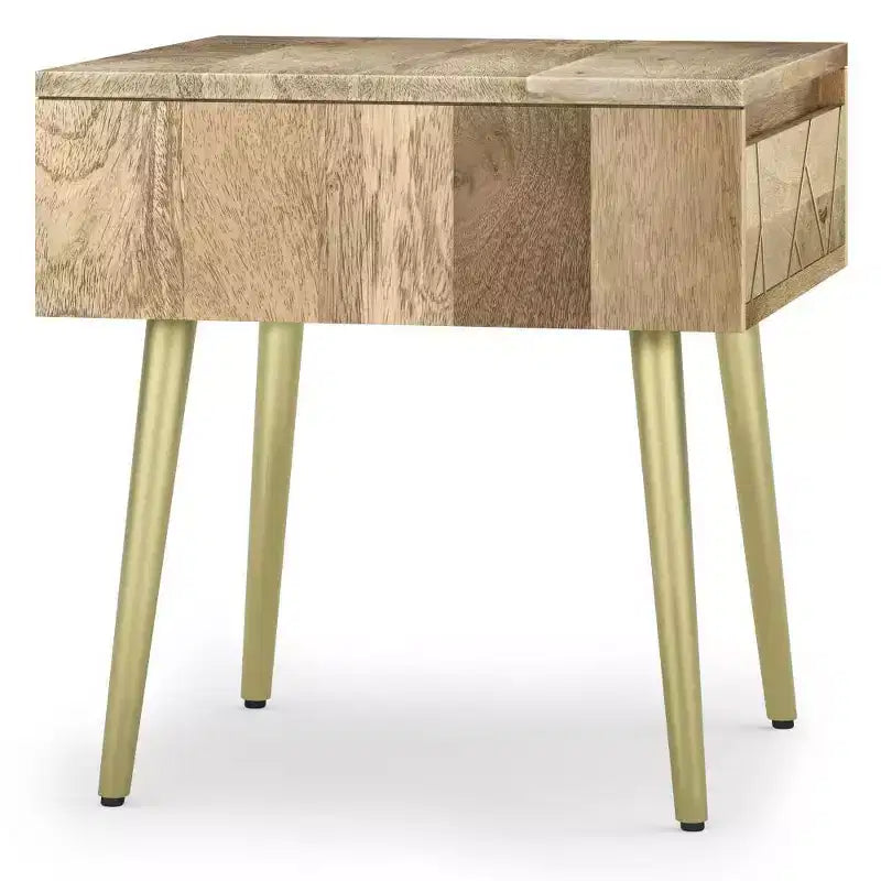 Tavolino quadrato da 56 cm in legno di mango con intarsi in ottone, cassetto con chiusura ammortizzata e gambe in metallo dorato