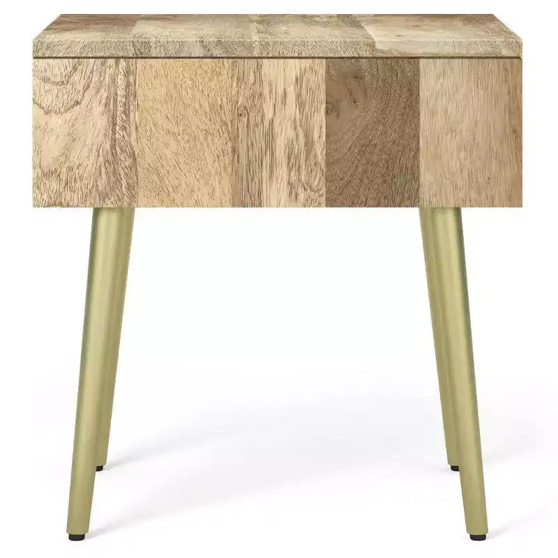 Tavolino quadrato da 56 cm in legno di mango con intarsi in ottone, cassetto con chiusura ammortizzata e gambe in metallo dorato