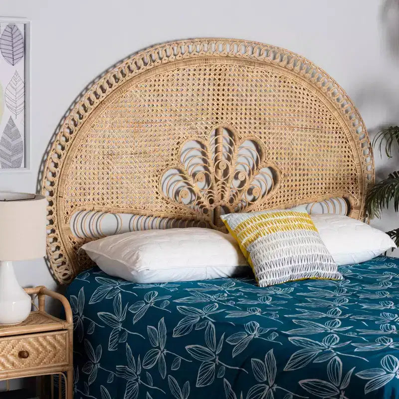 Testata da letto Queen Size in Rattan Naturale Indipendente, Marrone Naturale, Completamente Assemblata