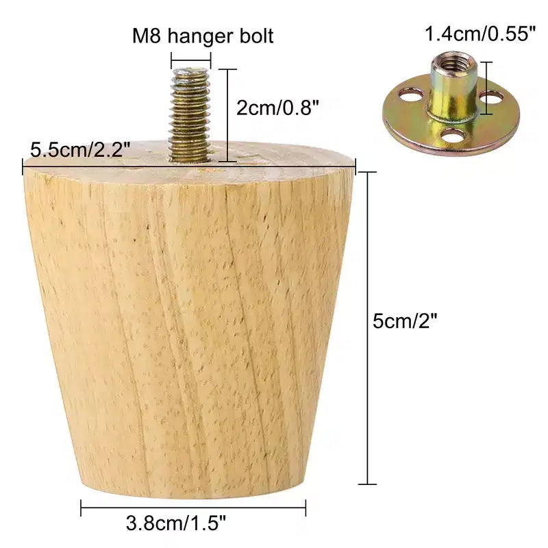 Gambe di ricambio rotonde in legno massello di Hevea per mobili, con bulloni e cuscinetti in schiuma, set da 8