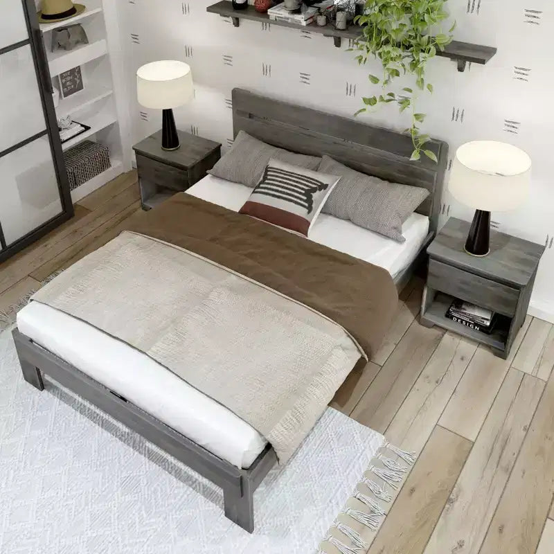 Letto a piattaforma Queen rustico con testiera a doghe, legno massello di pino, capacità di 340 kg