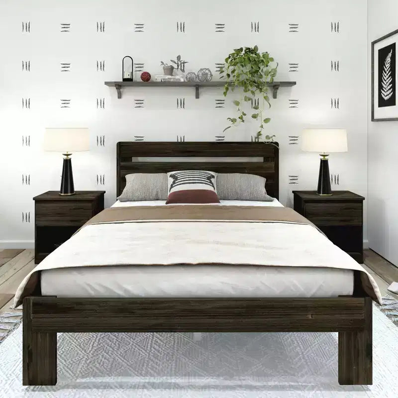 Letto a piattaforma Queen rustico con testiera a doghe, legno massello di pino, capacità di 340 kg