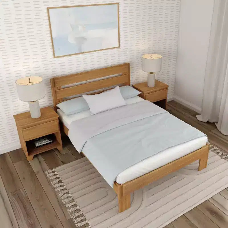 Letto a piattaforma Queen rustico con testiera a doghe, legno massello di pino, capacità di 340 kg