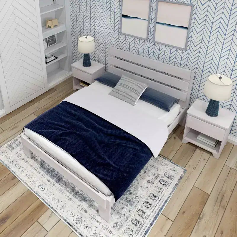 Letto a piattaforma Queen rustico con testiera a doghe, legno massello di pino, capacità di 340 kg