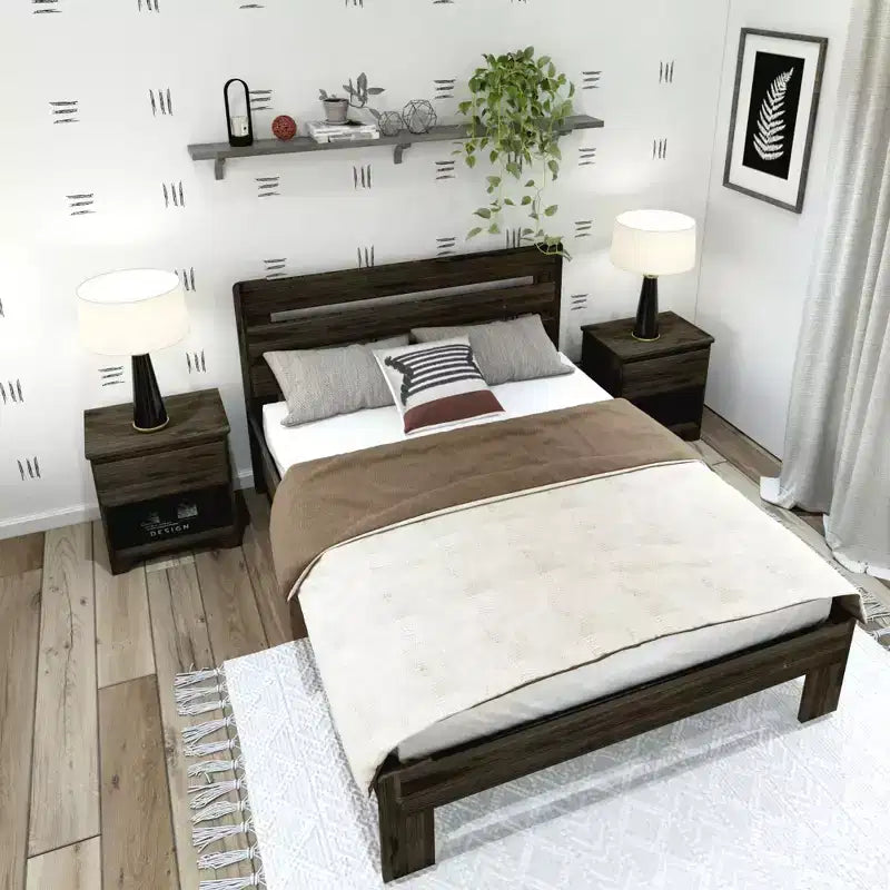 Letto a piattaforma Queen rustico con testiera a doghe, legno massello di pino, capacità di 340 kg
