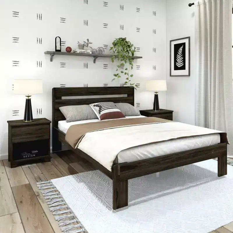 Letto a piattaforma Queen rustico con testiera a doghe, legno massello di pino, capacità di 340 kg