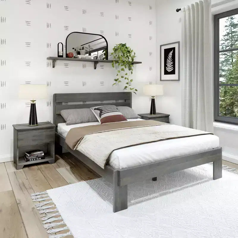 Letto a piattaforma Queen rustico con testiera a doghe, legno massello di pino, capacità di 340 kg
