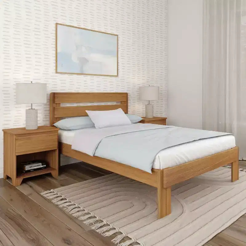 Letto a piattaforma Queen rustico con testiera a doghe, legno massello di pino, capacità di 340 kg