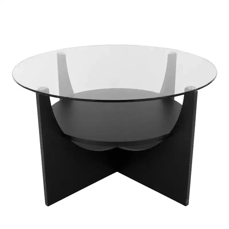 Tavolino da caffè rotondo con piano in vetro a forma di U, ripiano inferiore e base a X nera