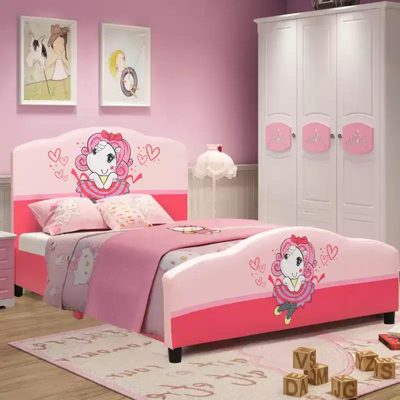 Letto per bambini imbottito con piattaforma a tema bambina, colore rosa, età 3-12 anni