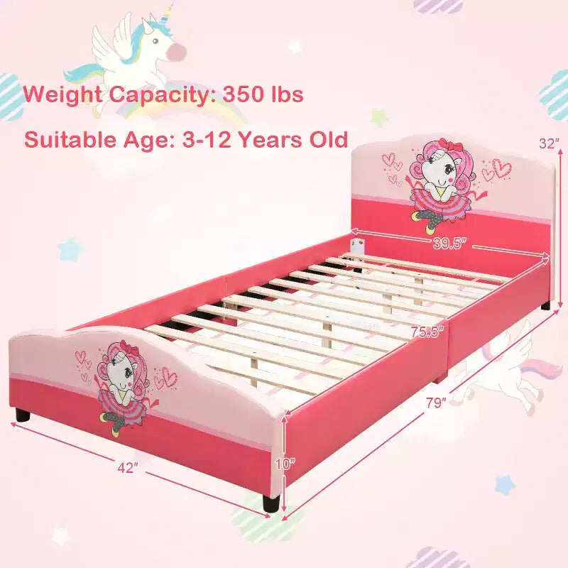 Letto per bambini imbottito con piattaforma a tema bambina, colore rosa, età 3-12 anni