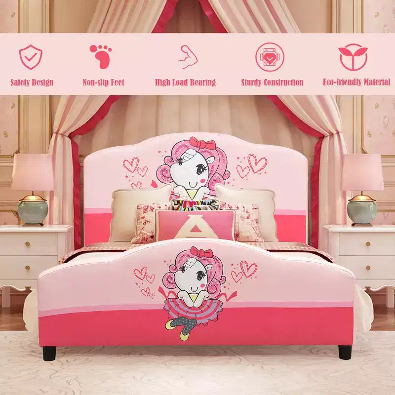 Letto per bambini imbottito con piattaforma a tema bambina, colore rosa, età 3-12 anni