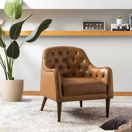 Justo 28.5 Wide Tufted Genuine Leather Wood Legs Accent Barrel Chair for Living Room with solid wood legs| ART OF LIVING DESIGNS