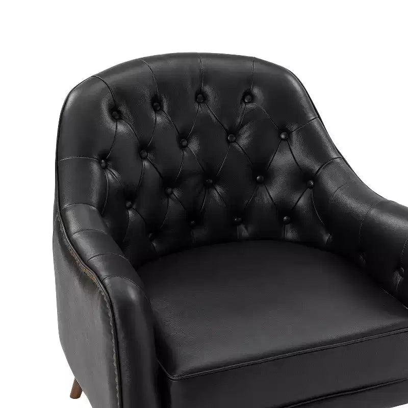 Poltrona a barilotto imbottita in vera pelle, larghezza 72,4 cm, con gambe in legno massello