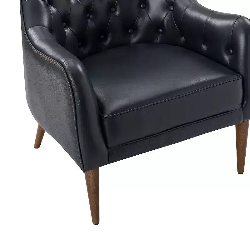 Poltrona a barilotto imbottita in vera pelle, larghezza 72,4 cm, con gambe in legno massello
