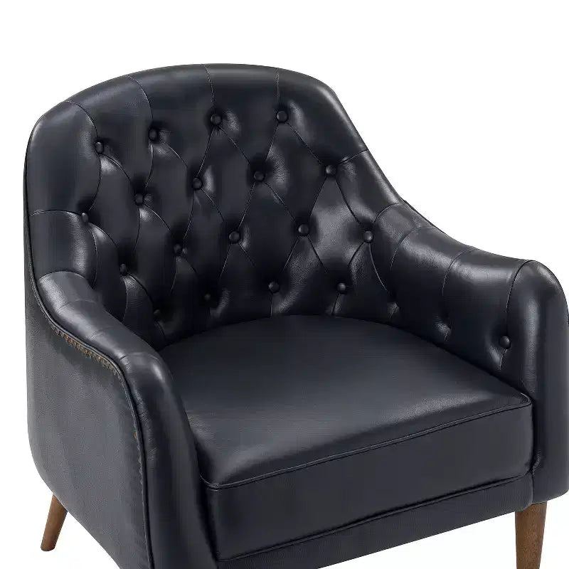 Poltrona a barilotto imbottita in vera pelle, larghezza 72,4 cm, con gambe in legno massello