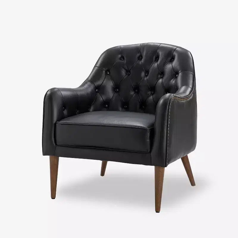 Poltrona a barilotto imbottita in vera pelle, larghezza 72,4 cm, con gambe in legno massello