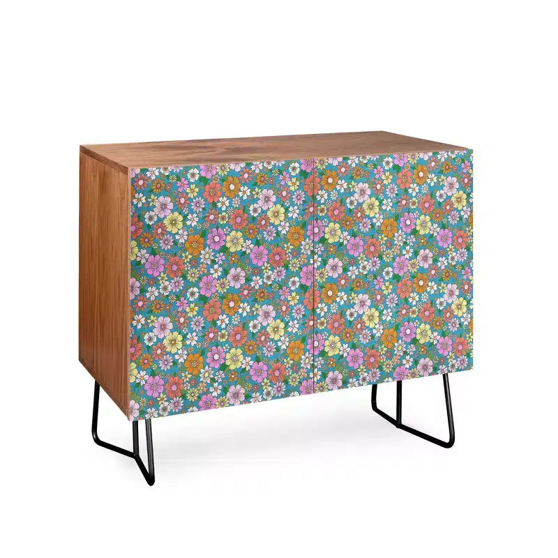 Credenza Noce Marrone Floreale con Ripiani Regolabili e Superficie in Betulla
